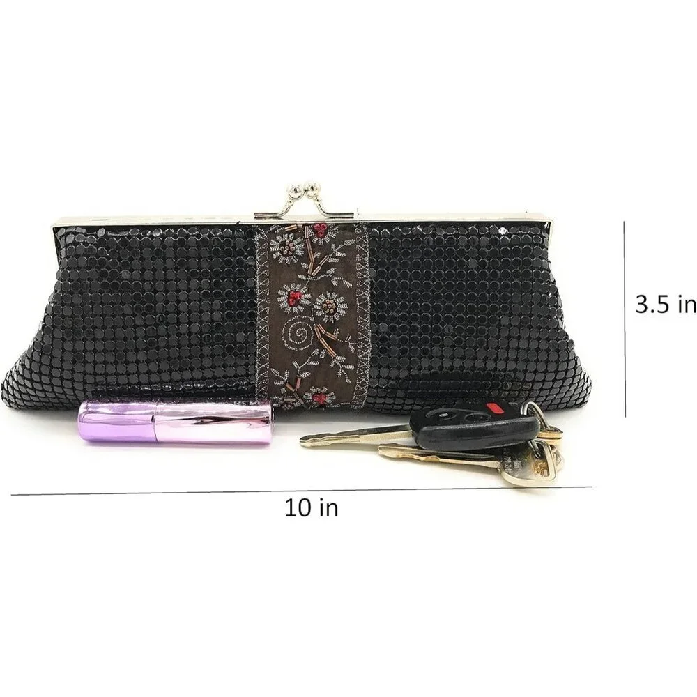 ⚡ Women's Black Embroidered Floral Pattern Metal Kiss Lock Evening Clutch Bag